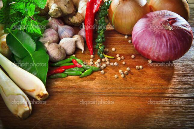 thai kitchen food spice herb pepper mint lemon grass red onion garlic chilly ginger for cooking original eastern food syle on top wood table