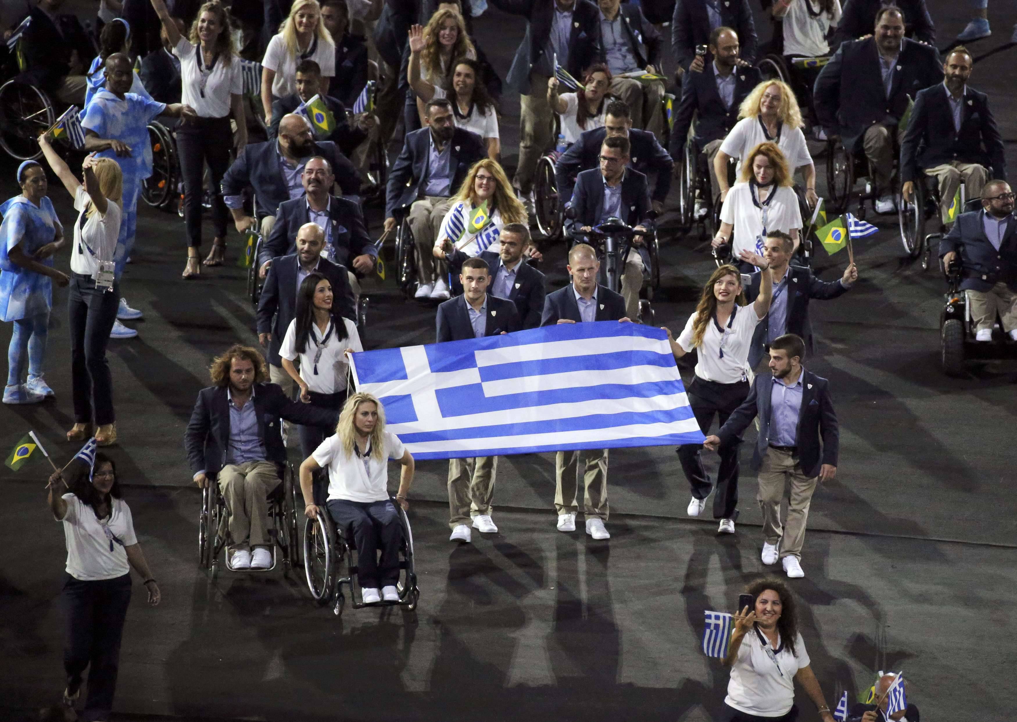 2016 Rio Paralympics - Opening ceremony - Maracana - Rio de Janeiro, Brazil - 07/09/2016. Athletes from Greece take part in the opening ceremony. REUTERS/Sergio Moraes FOR EDITORIAL USE ONLY. NOT FOR SALE FOR MARKETING OR ADVERTISING CAMPAIGNS.