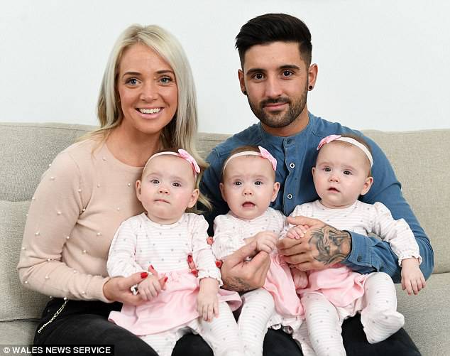 What a handful!Â Sian William, 31, and boyfriend Aaron Palfrey, 26, of Cwmbran, South Wales, welcomed daughters Jorgie, Belle and Olivia, in May last year