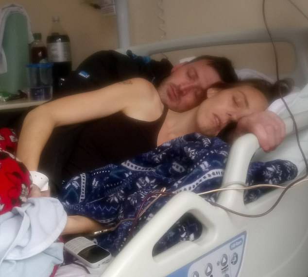 Ms Rumney is pictured on her hospital bed with fiance Jay, who she hopes to marry before it's too lateÃÂ 