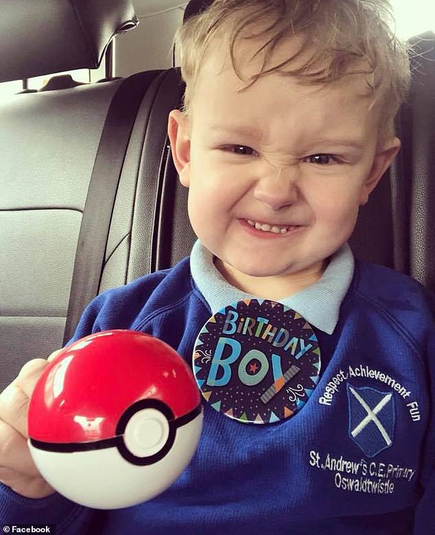 In April Charlie celebrated his fifth birthday. He is pictured with a badge and his Pokemon present wearing his school uniformÃÂ 